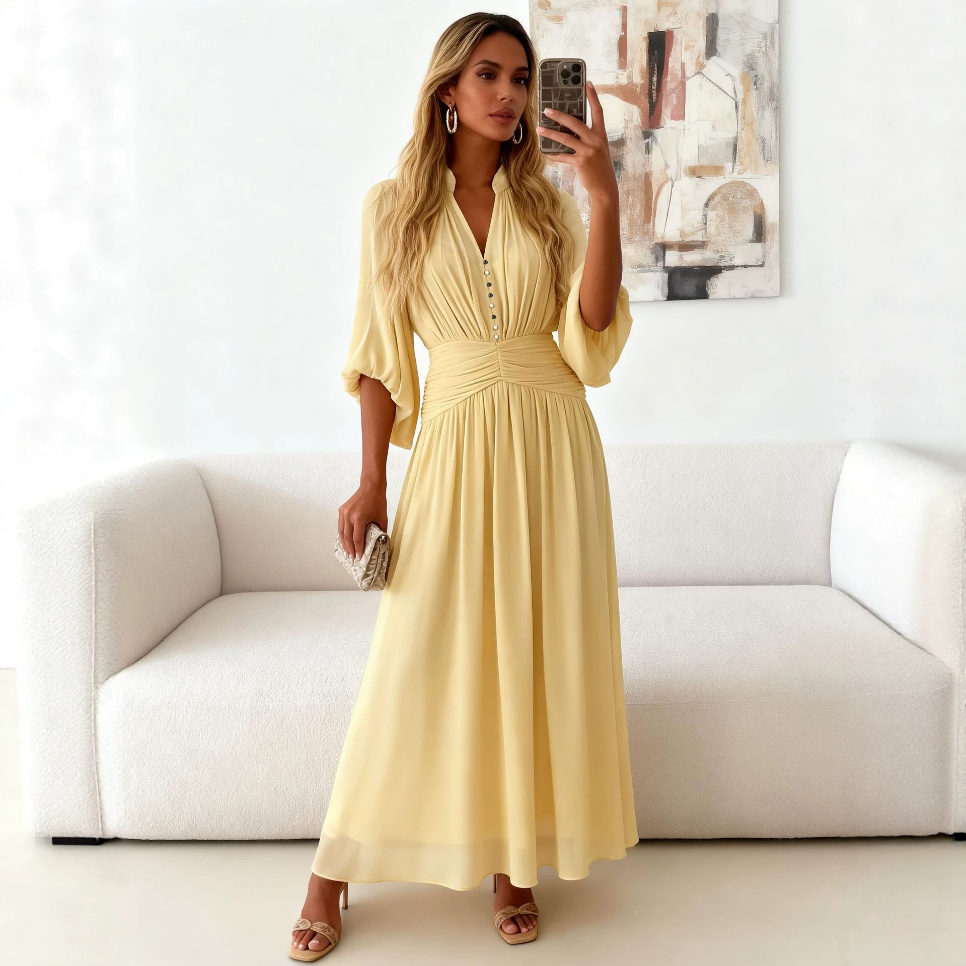 French V-Neck Ruched Midi Dress with Puff Sleeves