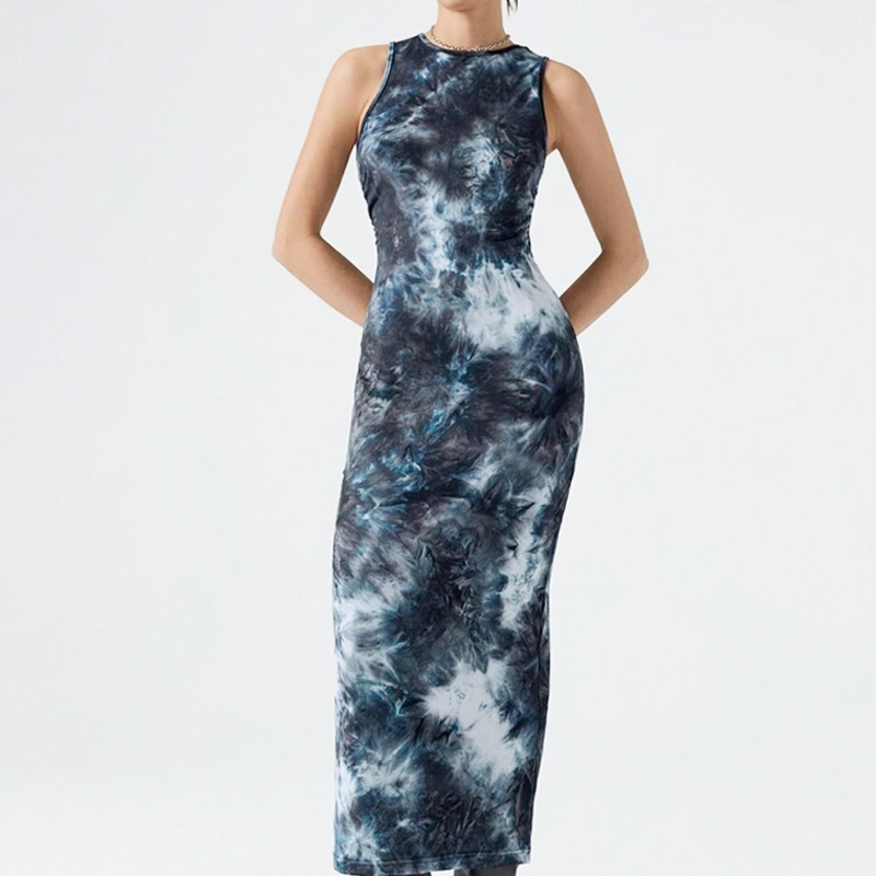 Sleeveless Tie-Dye Maxi Dress with Irregular Buttons