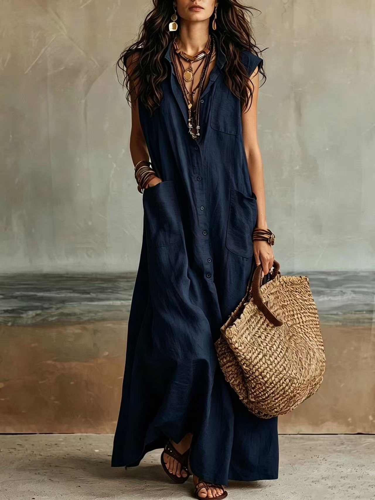 Women's Off-Shoulder Boho Shirt Dress Loose Fit Long Polyester