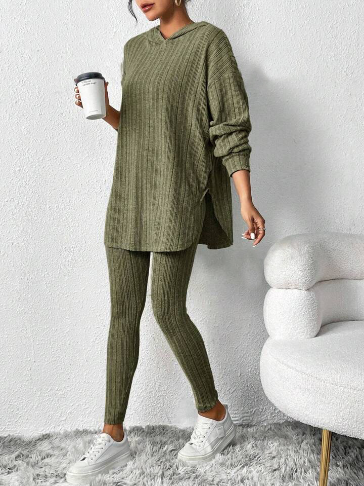 Ribbed Knit Hooded Long Sleeve Lounge Set
