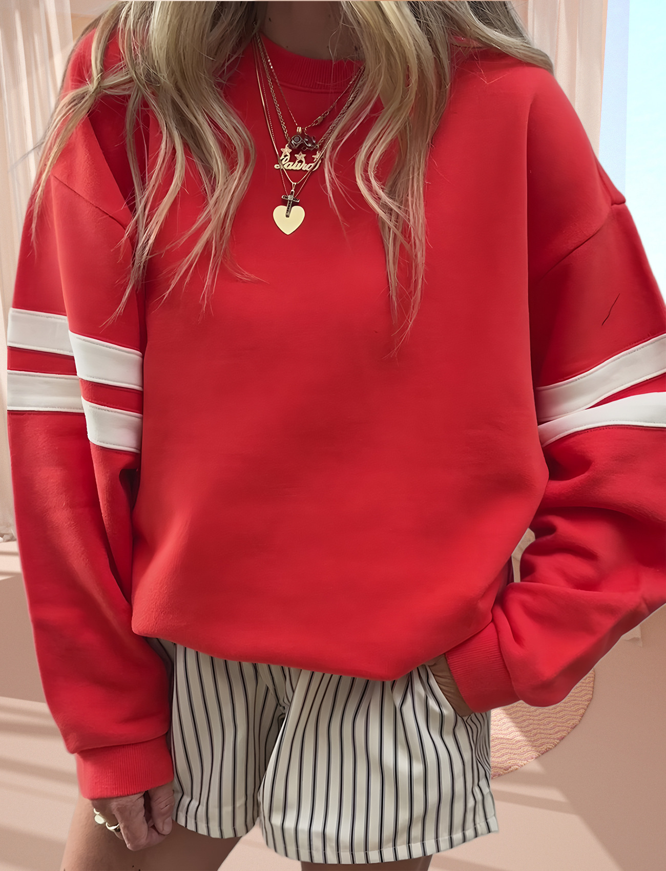 Women's Loose Striped Cotton Sweatshirt Long Sleeve Crewneck