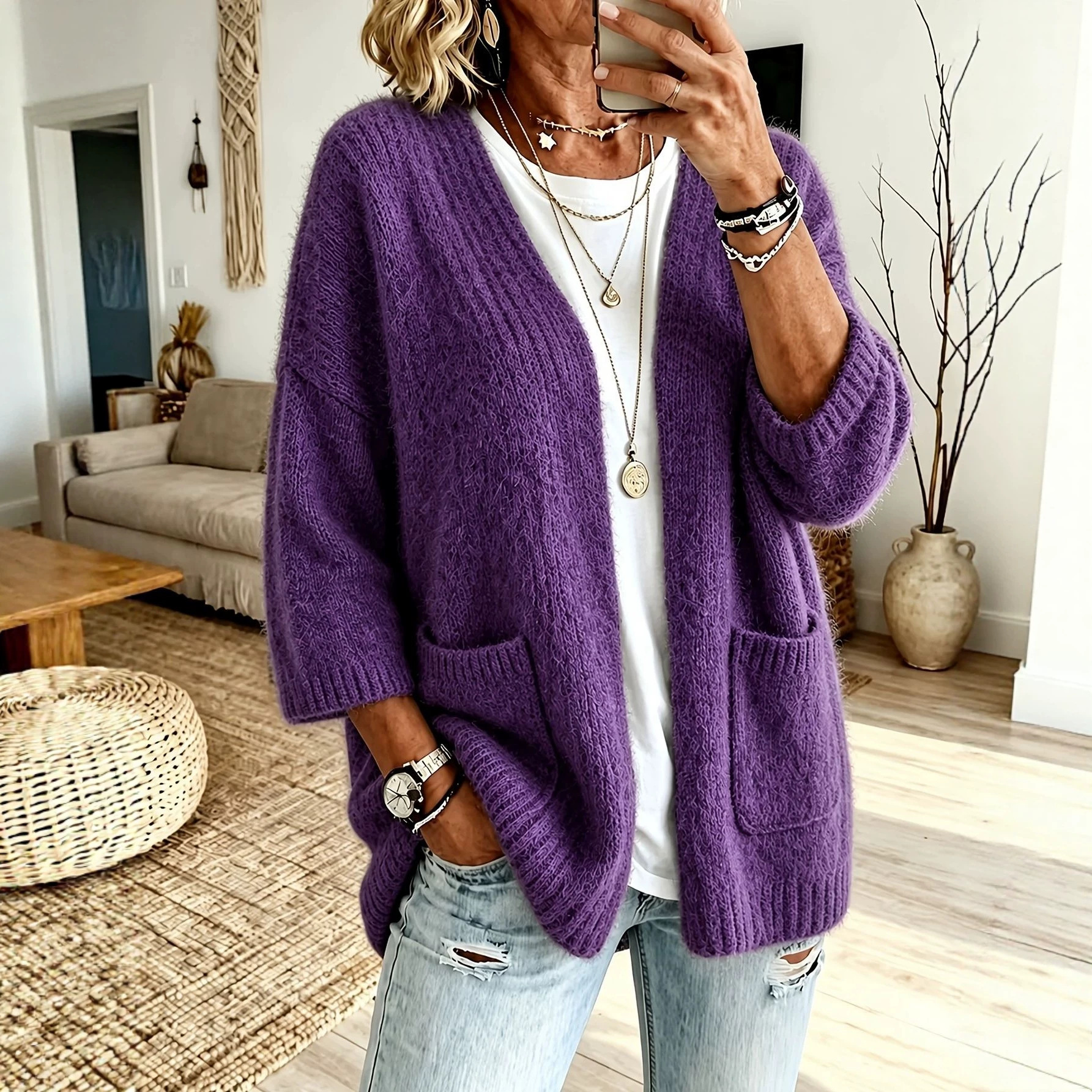 Soft Solid Knit Cardigan with Dual Pockets, Open Front, Long Sleeve