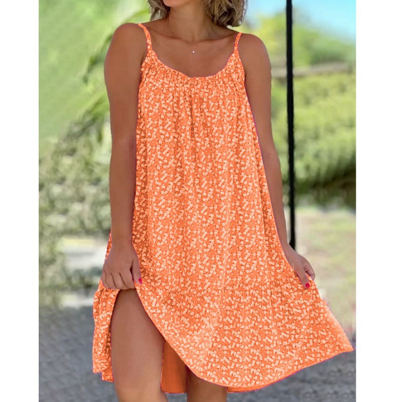 2023 New Amazon Independent Station Europe & US Cross-Border Hot-Selling Hem Pleated Floral Spaghetti Strap Loose Dress Women