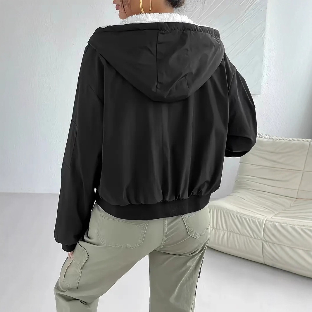 Elegant Loose Fleece Zip-Up Hooded Jacket with Pockets