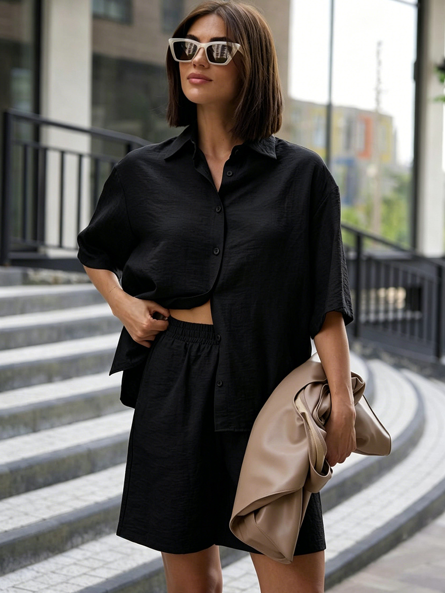 Women's Casual Shirt and Shorts Set Short Sleeve Solid Color Minimalist