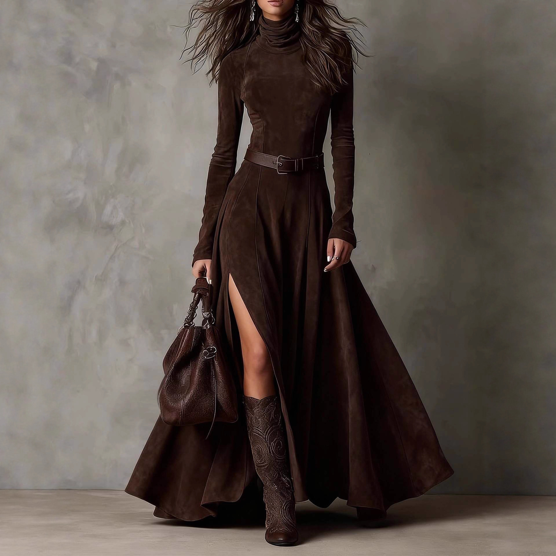 Women's Faux Suede Long Mermaid Dress with Belt