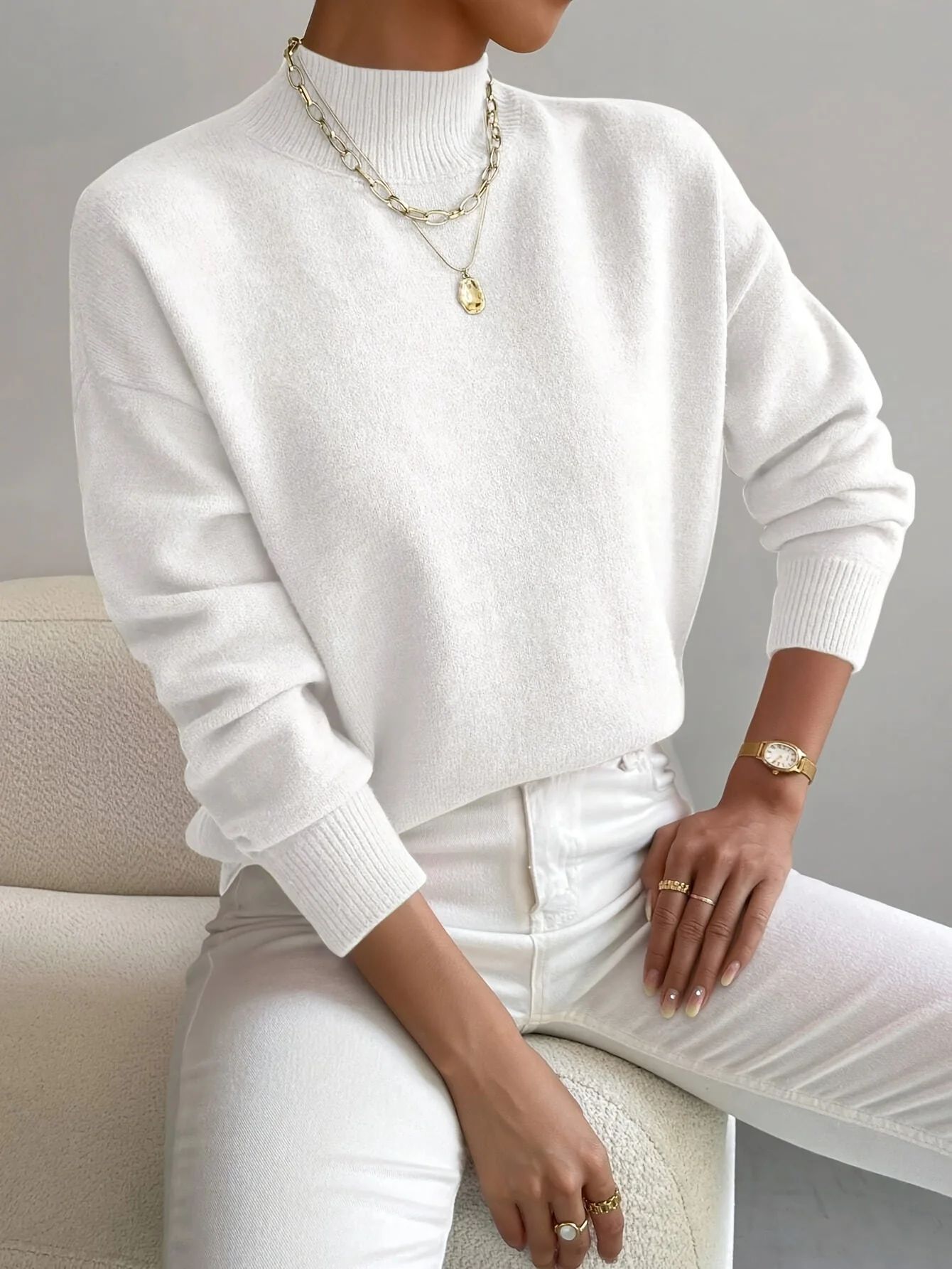 Women's Half Turtleneck Long Sleeve Pullover Sweater Solid Color Loose Knit Top
