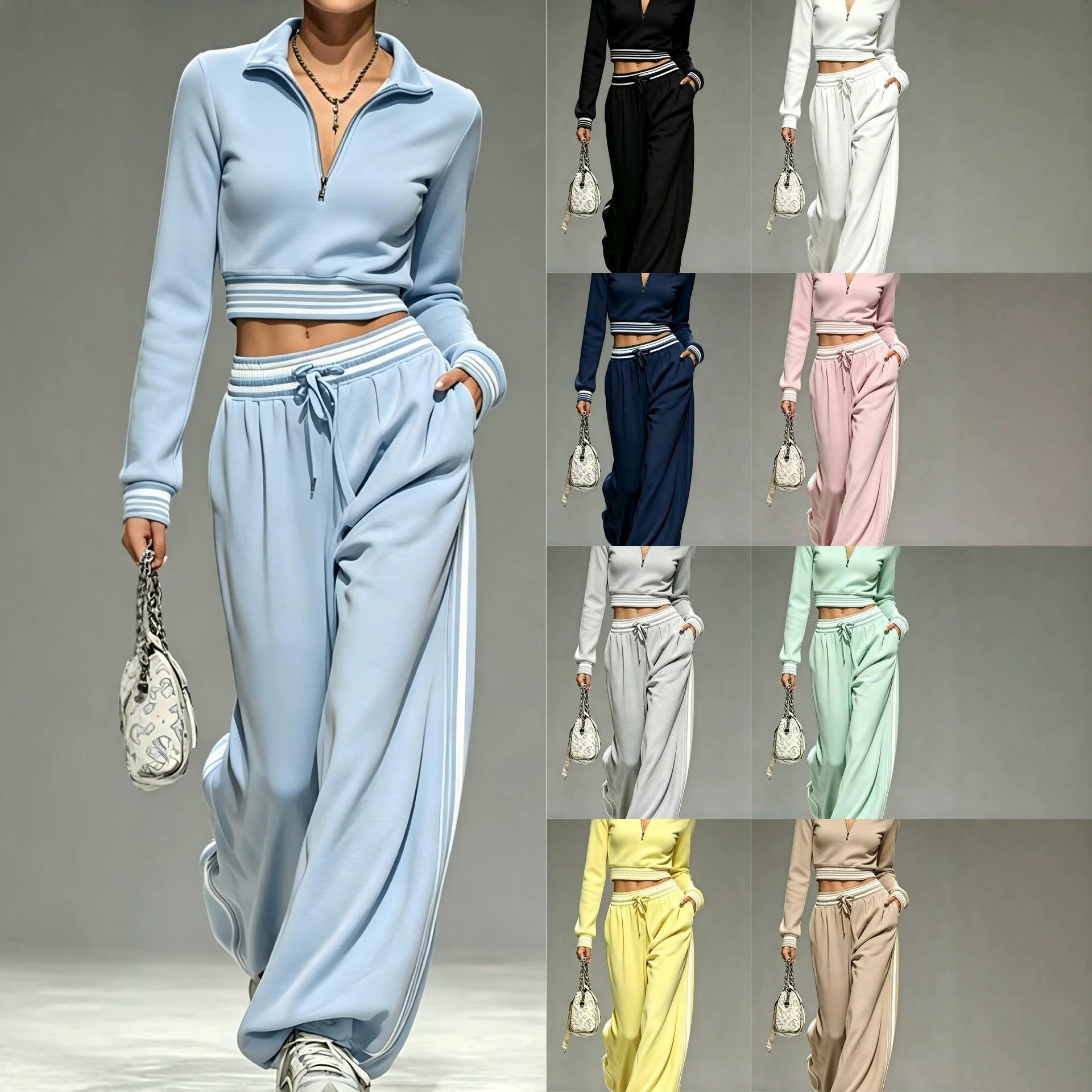 Solid Color Zip-Front Collared Women's Two-Piece Pants Set