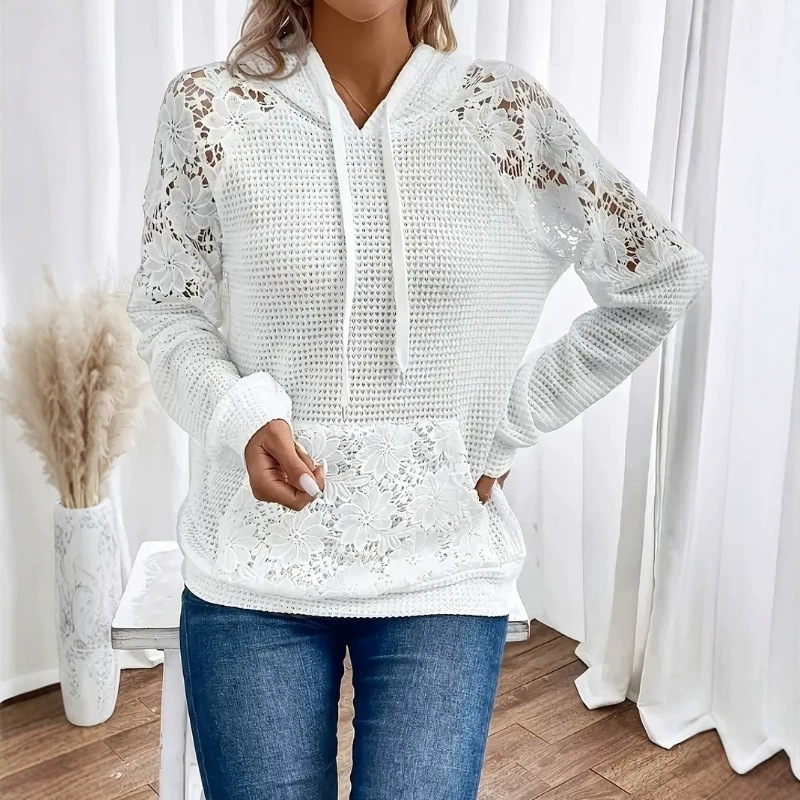 Elegant Women's Solid Lace Panel Long Sleeve T-Shirt Top