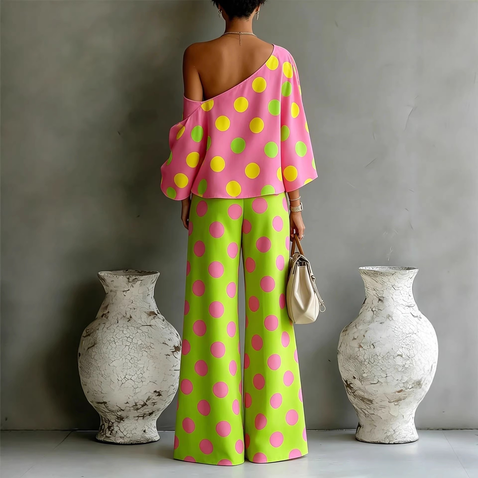 Colorful Polka Dot Off-Shoulder Flowy Two-Piece Pants Set for Women