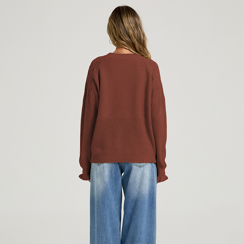 Women's Crewneck Knit Sweater Solid Color Long Sleeve Pullover