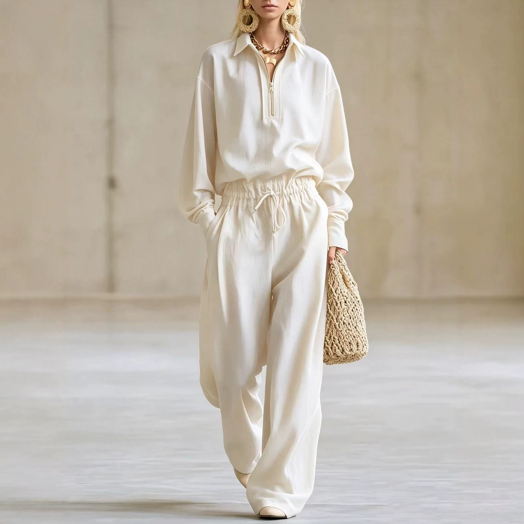 Solid Color Long Sleeve Drawstring Hoodie & Wide Leg Pants Set