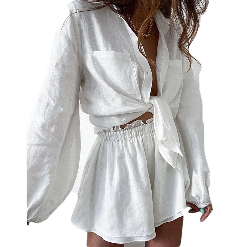 Women's Casual Solid Ruffle Shorts & Shirt Set