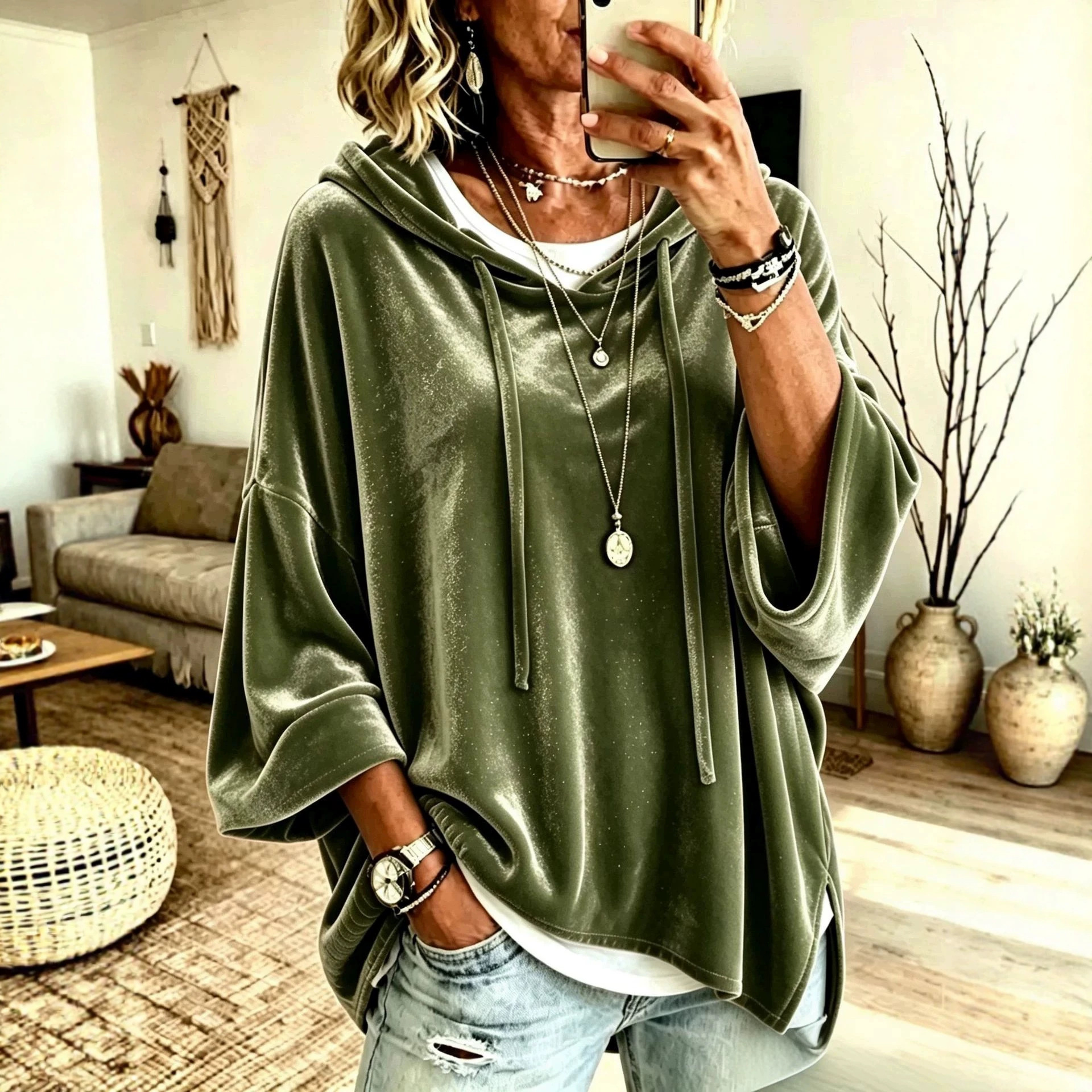 Solid Color 3/4 Sleeve Hooded Drawstring Loose Casual Sweatshirt for Women