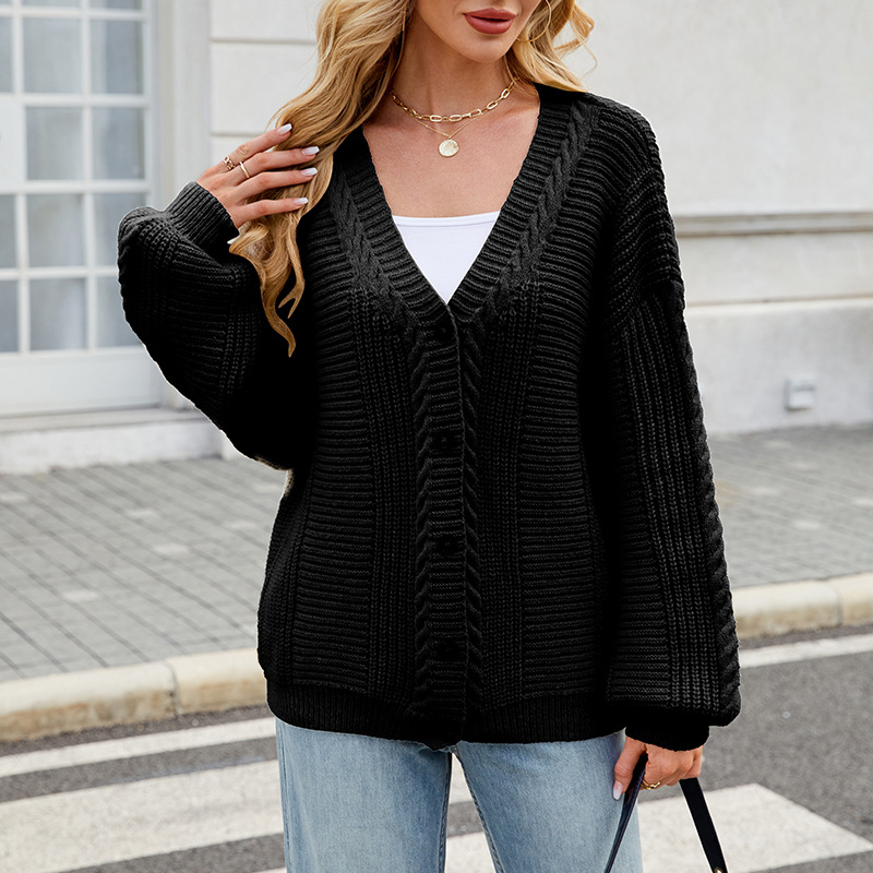 Women's Lazy Style Loose Cable Knit V-Neck Cardigan Sweater