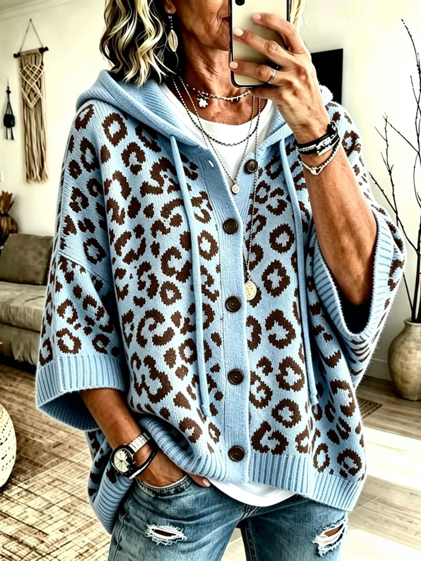 Leopard Print Button-Up Hooded Knit Cardigan Sweater