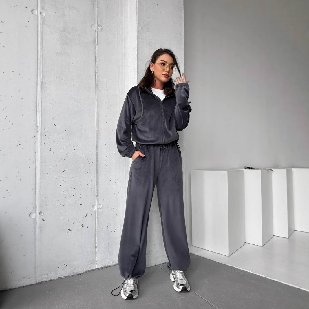 Women's Streetwear Hooded Cardigan and Jogger Pants Two-Piece Set