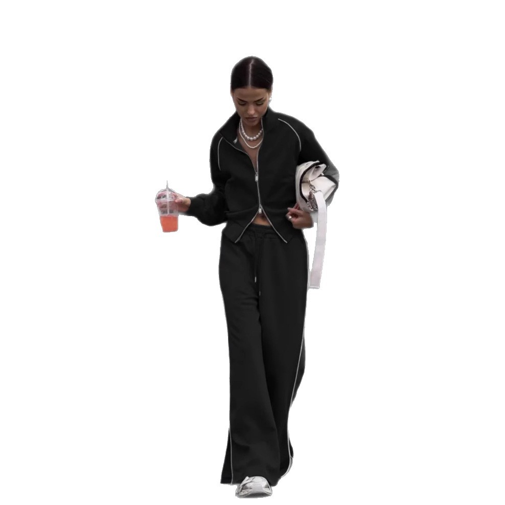 Women's Casual Two-Piece Set Long Sleeve Half-Turtleneck Zip Cardigan Sweatshirt & Striped Drawstring Pants