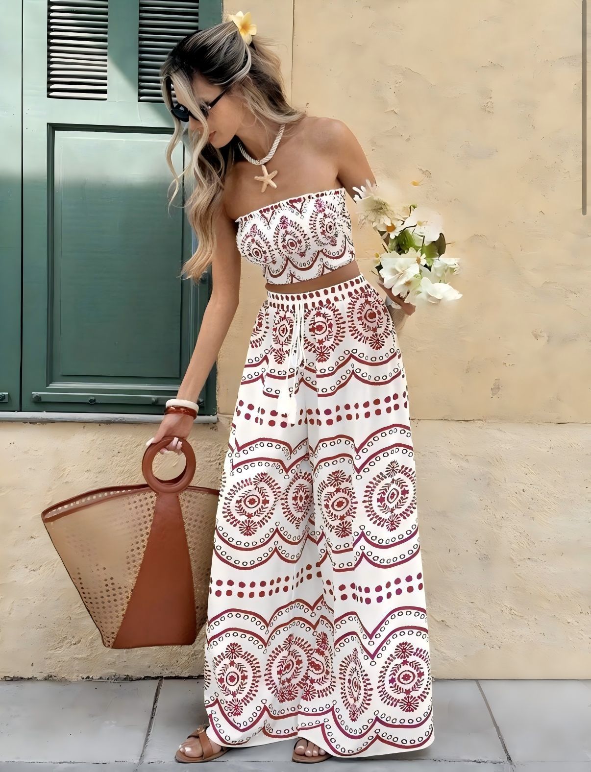 Bohemian Plant Print Strapless Crop Top & Wide-Leg Pants Two-Piece Set