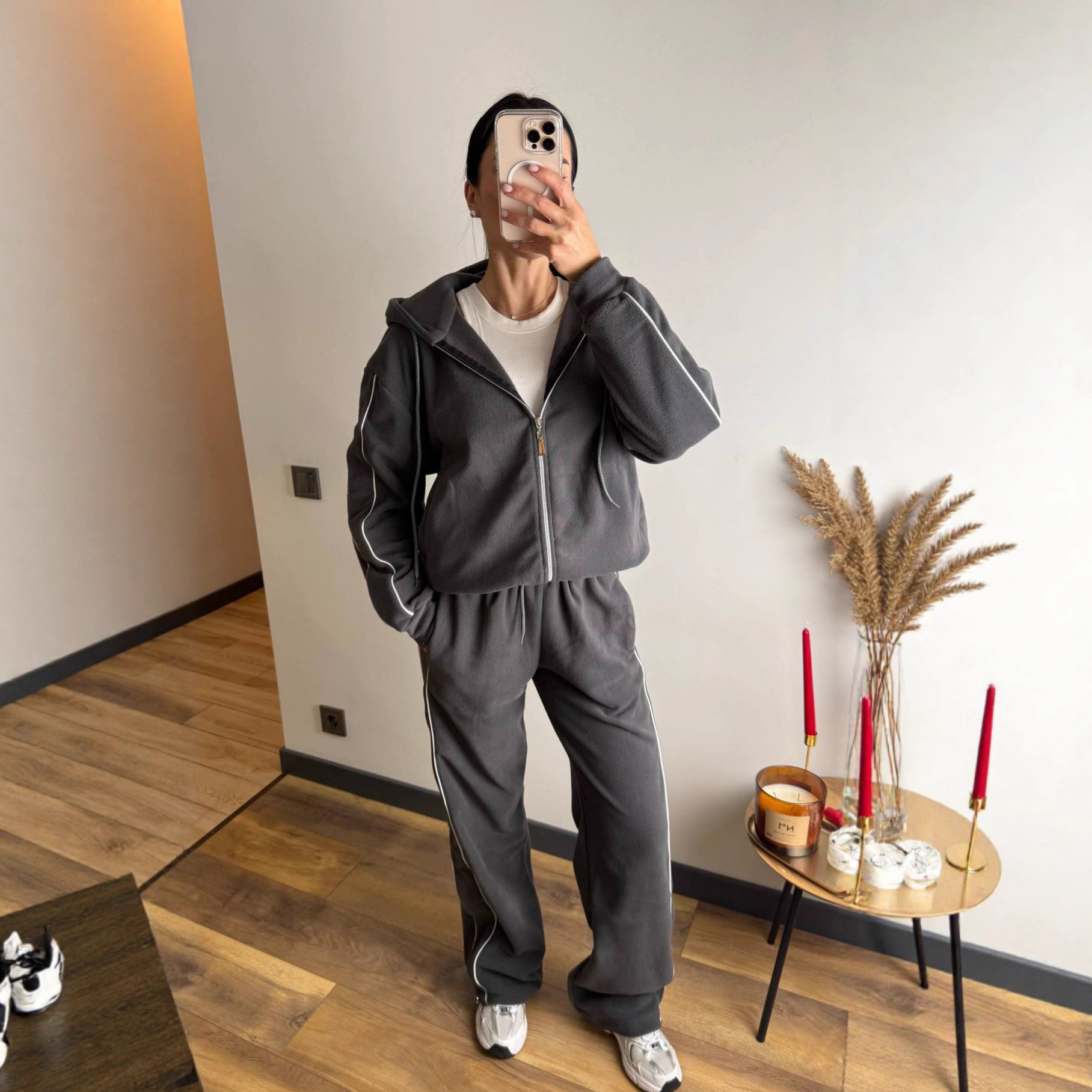 Women's Fleece Hooded Cardigan and Wide-Leg Pants Two-Piece Set