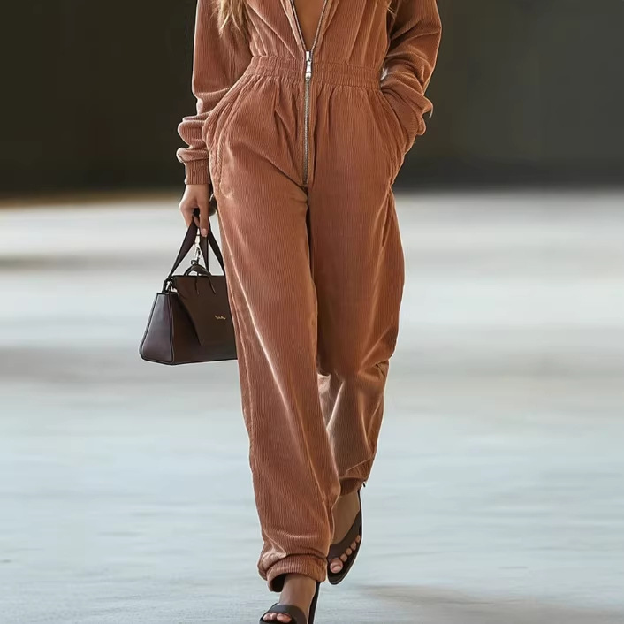 Casual Loose Vintage Solid Corduroy Zip Hooded Jumpsuit with Pockets