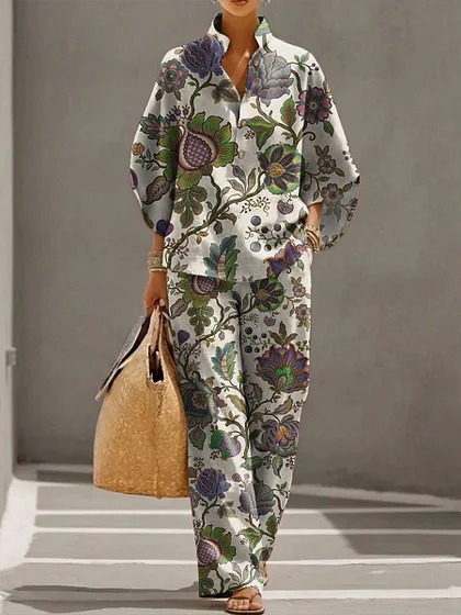 Women's Polka Dot Floral Print Long Sleeve Button-Up Top Set