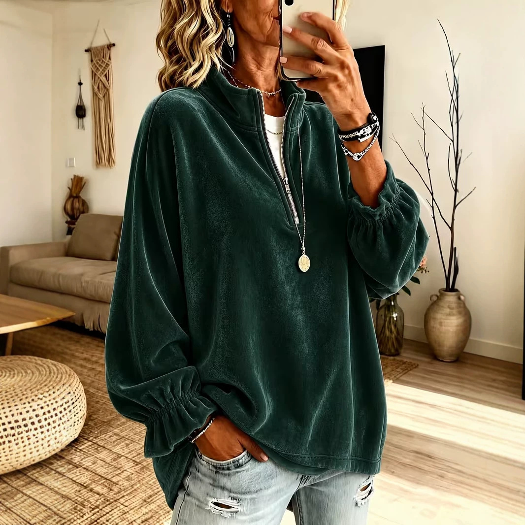 Women's Casual Zip-Up Loose Sweatshirt with Turn-Down Collar