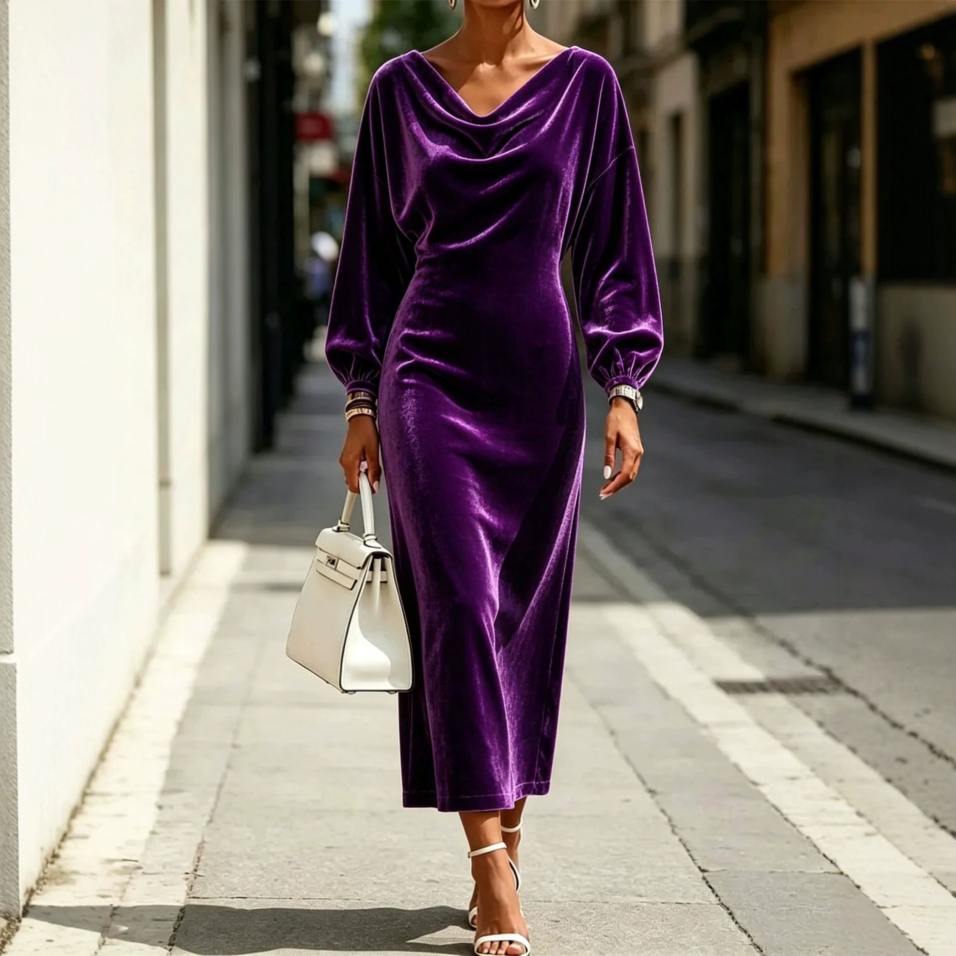Velvet Lantern Sleeve Cowl Neck Long Sleeve Dress