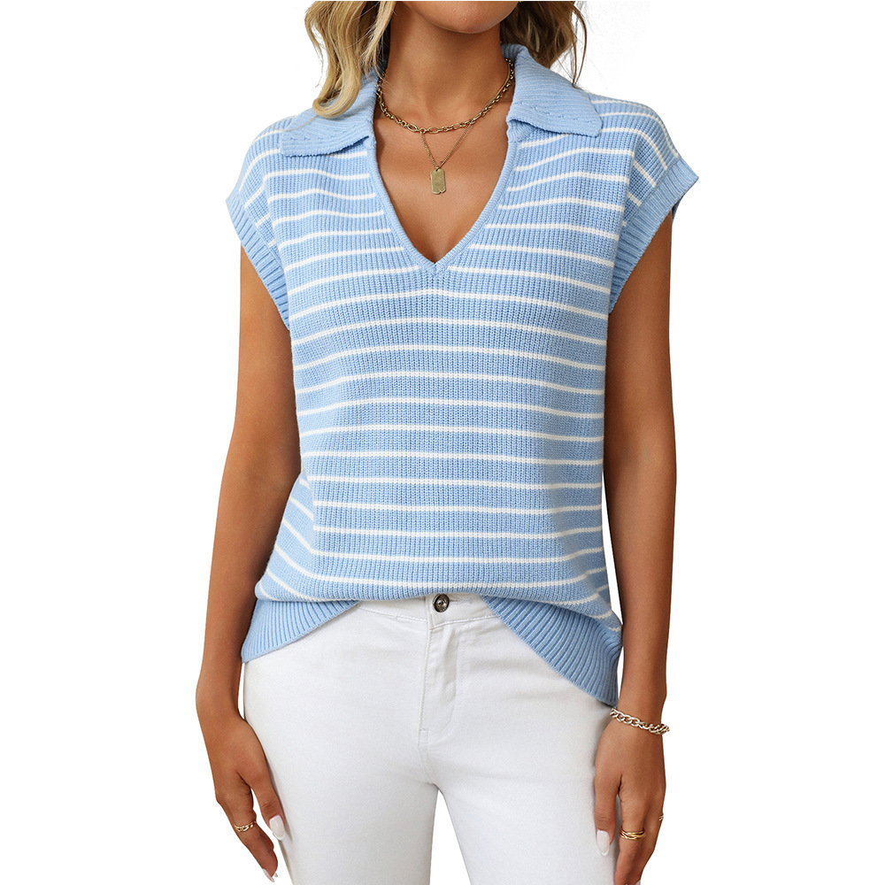V-Neck Striped Knit Top with Collar Casual Loose Fit