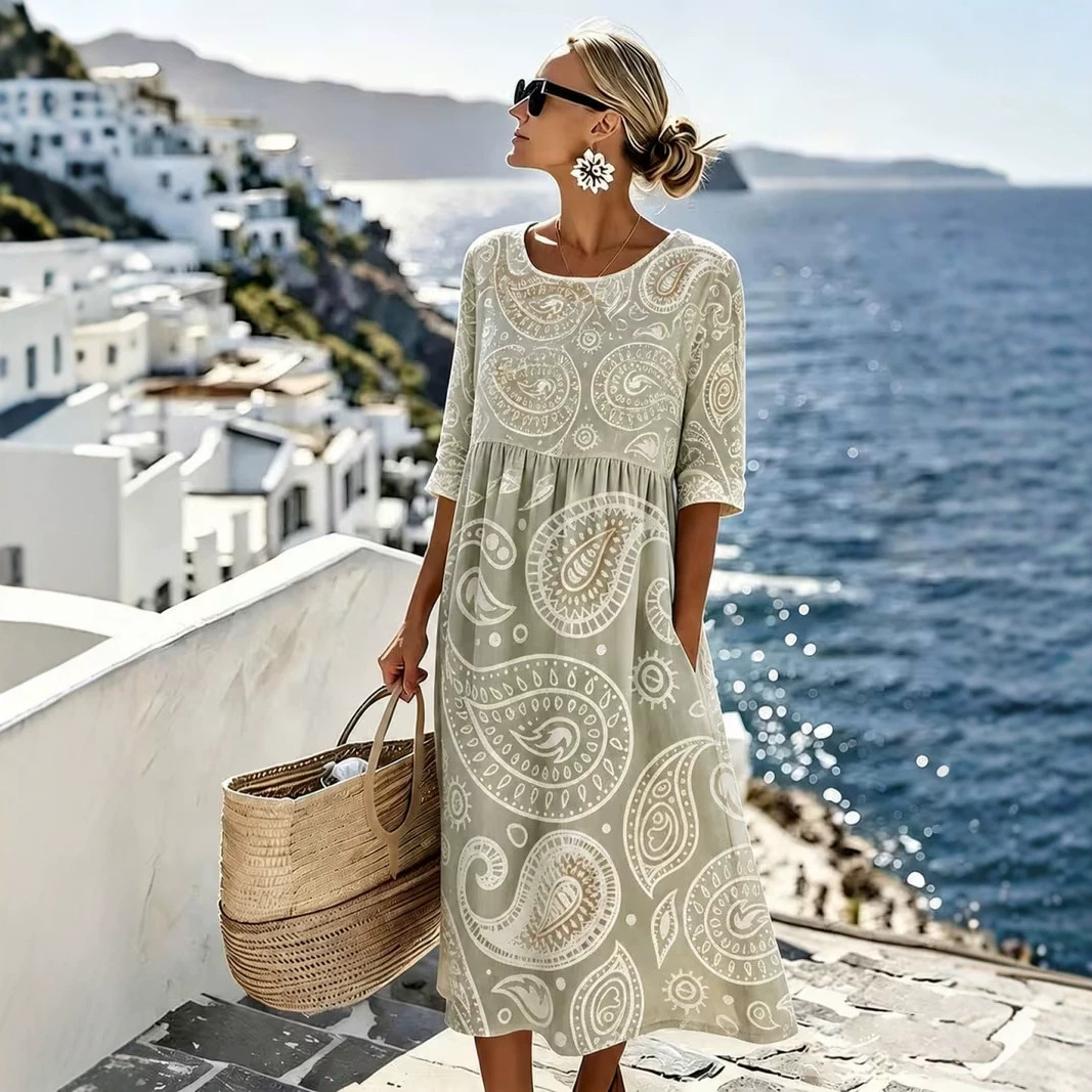 Women's Boho Vacation Print Ruched Midi Dress