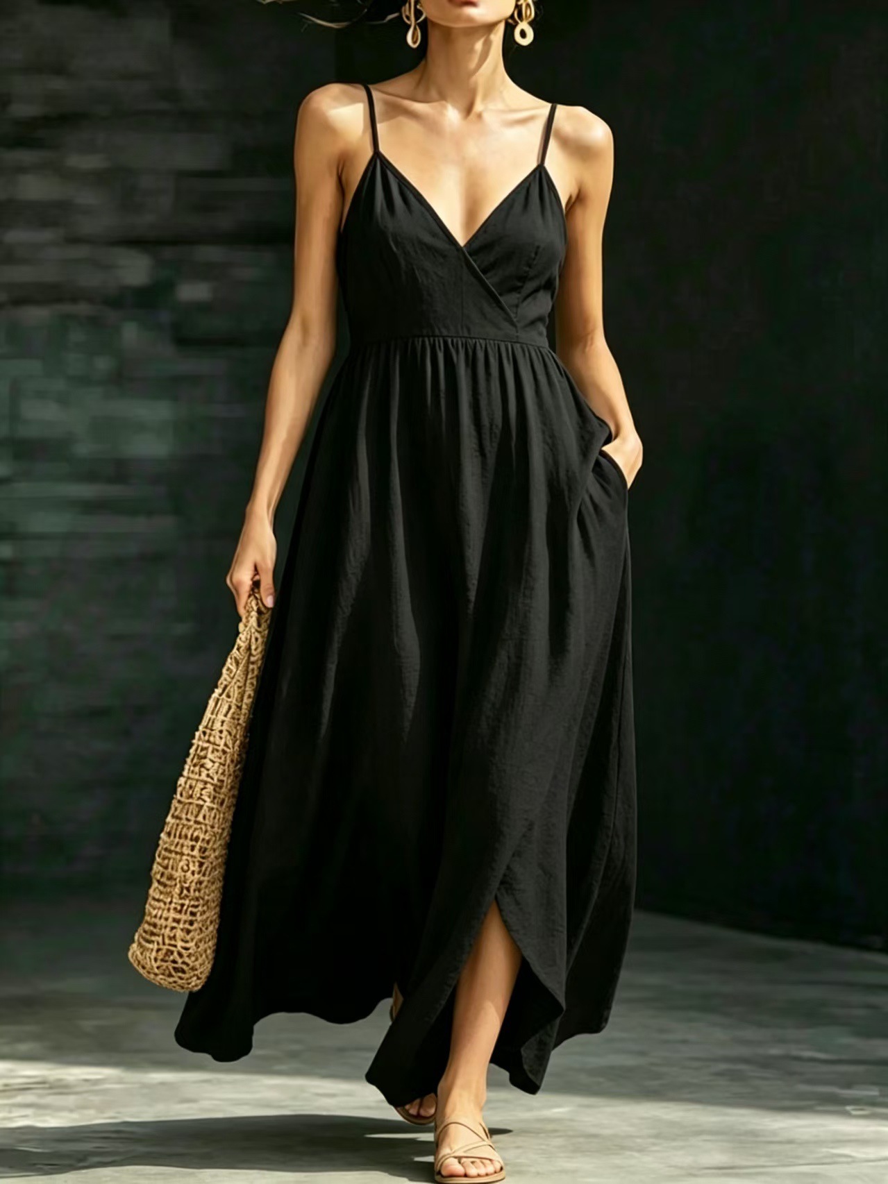V-Neck Sleeveless Midi Dress with Pockets Elegant Casual