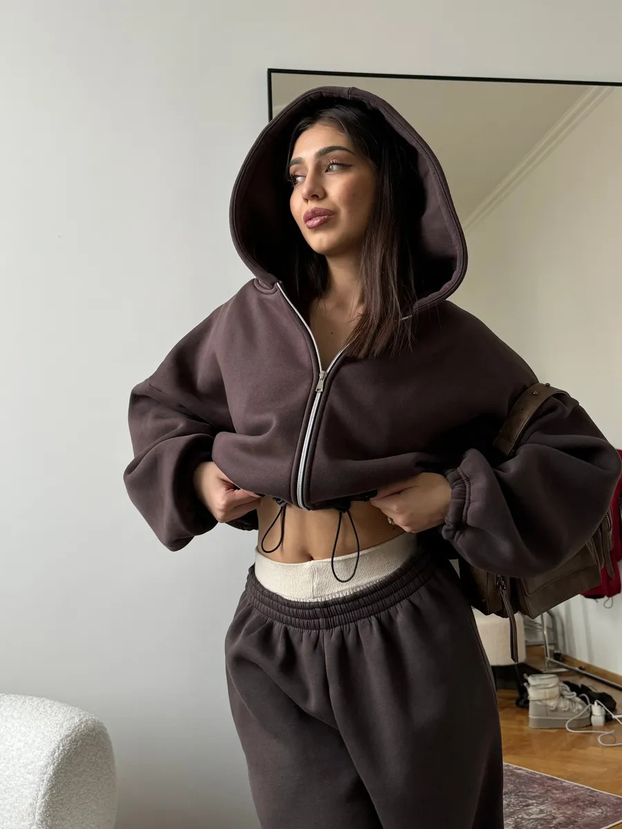 Women's Solid Color Zip-Up Hoodie and Drawstring Jogger Two-Piece Set
