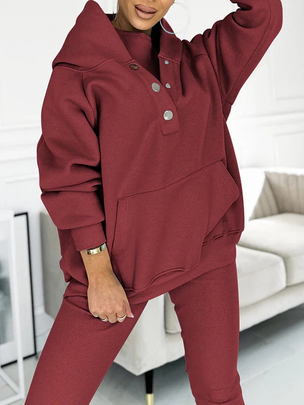 Solid Hooded Button Sweatshirt and Pants Set