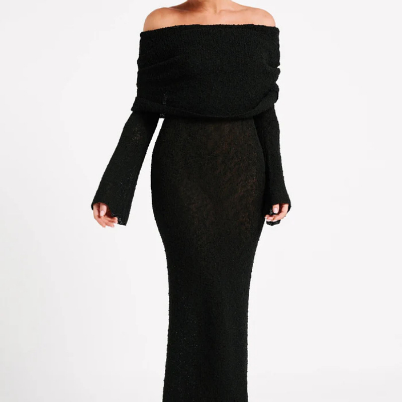 Women's Off-Shoulder Long-Sleeve Knit Maxi Dress