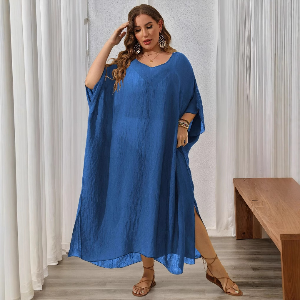 Women's Plus Size Solid Color Loose V-Neck Sleeveless Slit Maxi Dress Beach Cover-Up