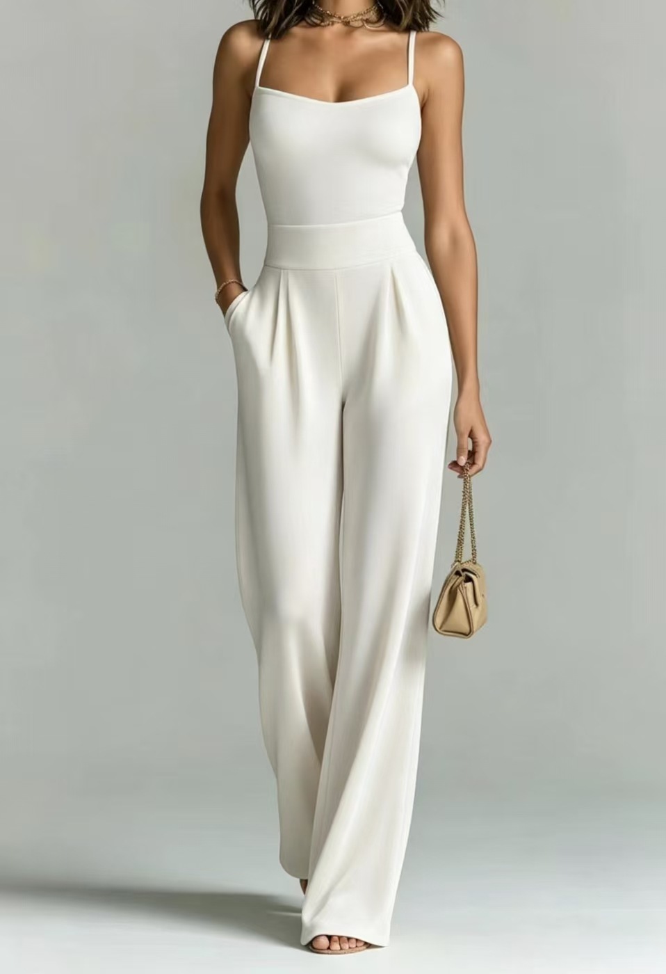 Women's Sleeveless Knit Jumpsuit with Pockets, Square Neck, Wide Leg, Cinched Waist