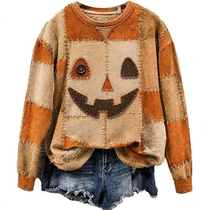 Evil Pumpkin Smiley Face Print Crewneck Long Sleeve Pullover Sweatshirt