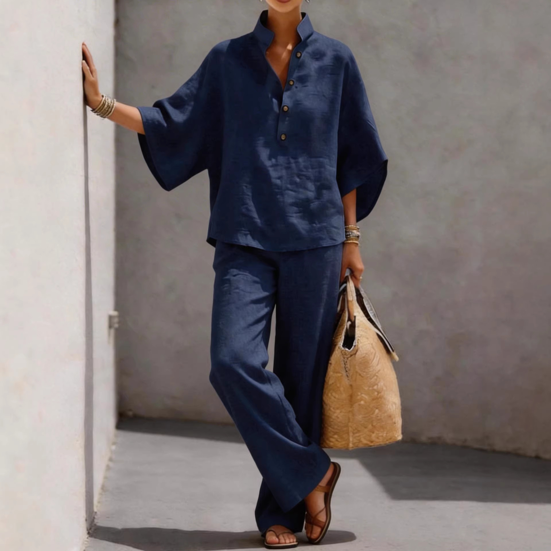 Women's Cotton-Linen Shirt and Pants Two-Piece Set