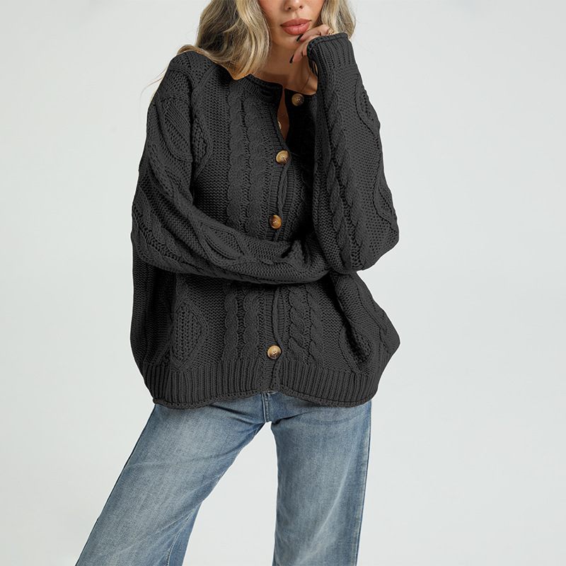 Women's Cable-Knit Cardigan Sweater Loose Fit Button-Up