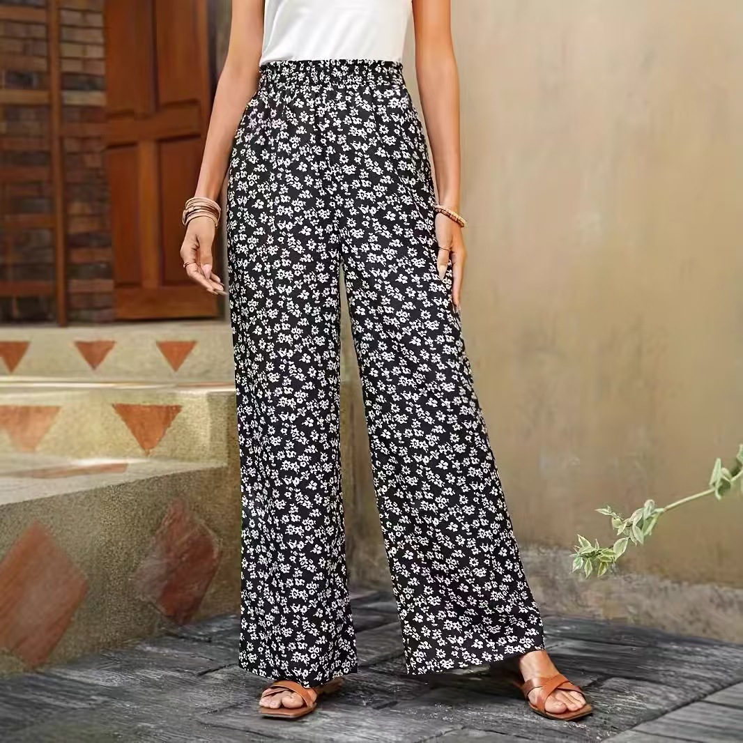 Floral Print Wide-Leg Casual Pants