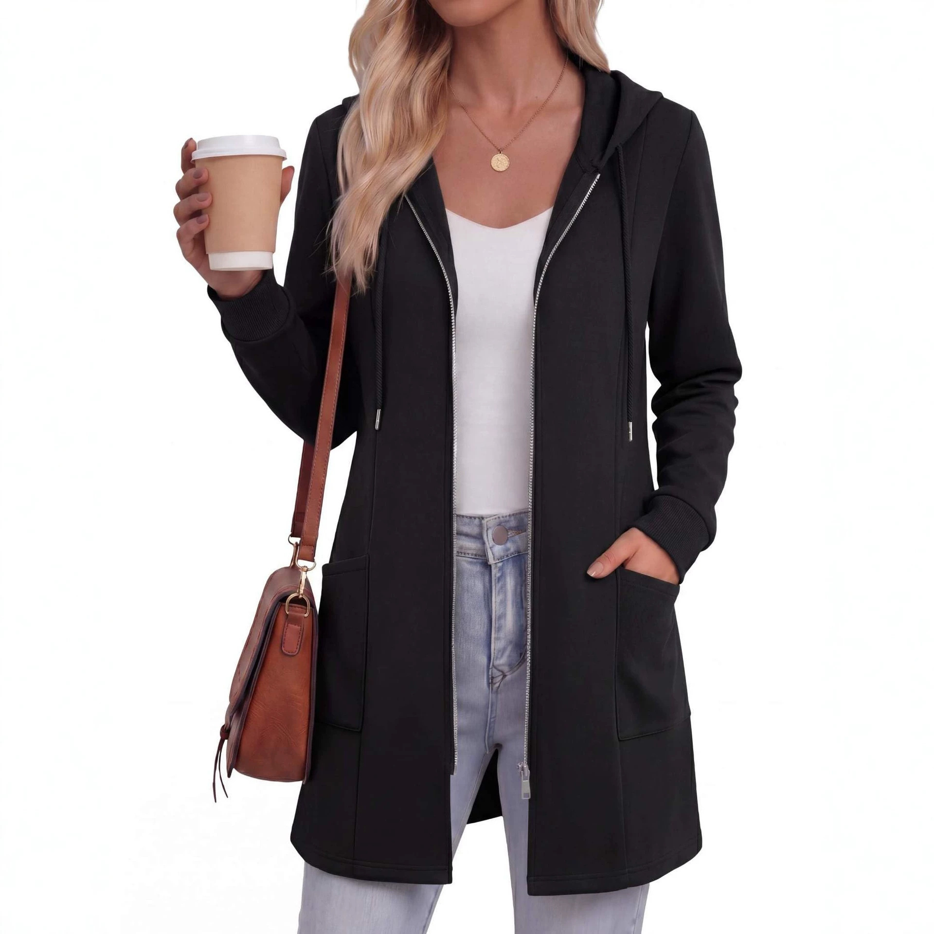 Women's Solid Color Mid-Length Zip-Up Hoodie Casual Sweatshirt Jacket