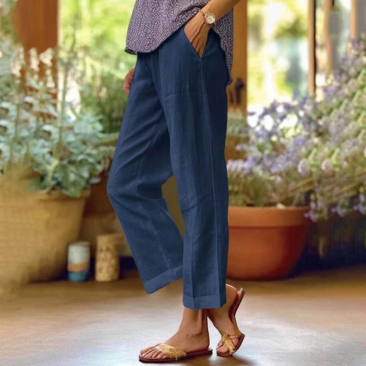 Women's Cotton-Linen Loose Straight-Leg Pants with Elastic Waist and Pockets