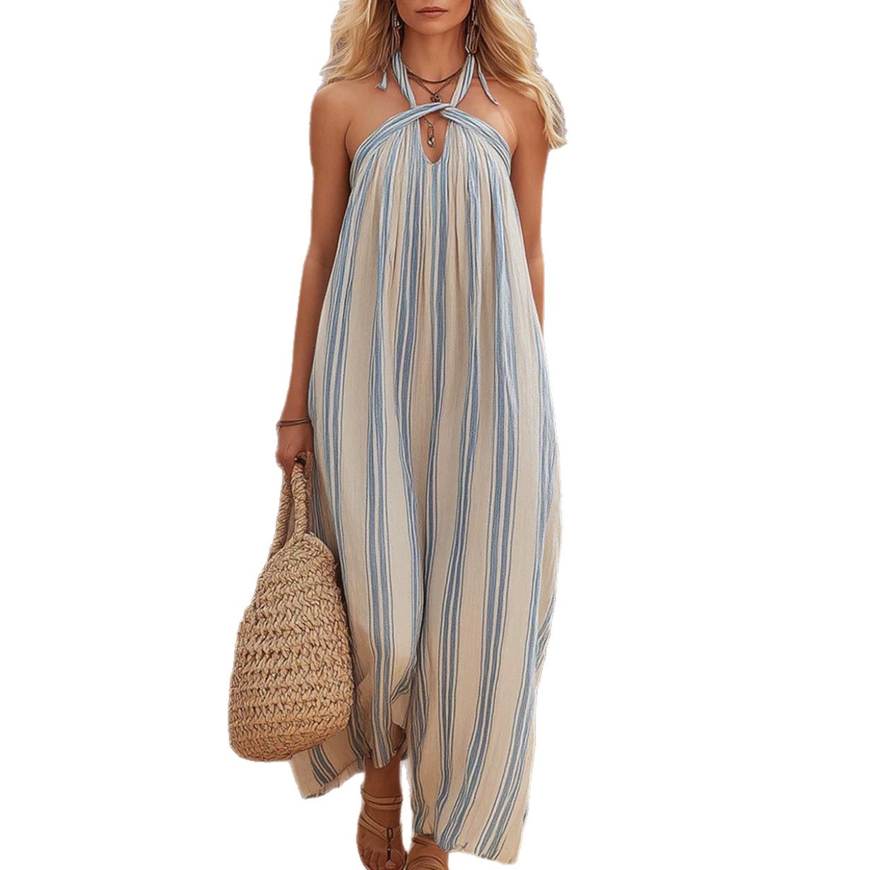 Women's Striped Open-Back Sleeveless A-Line Casual Dress
