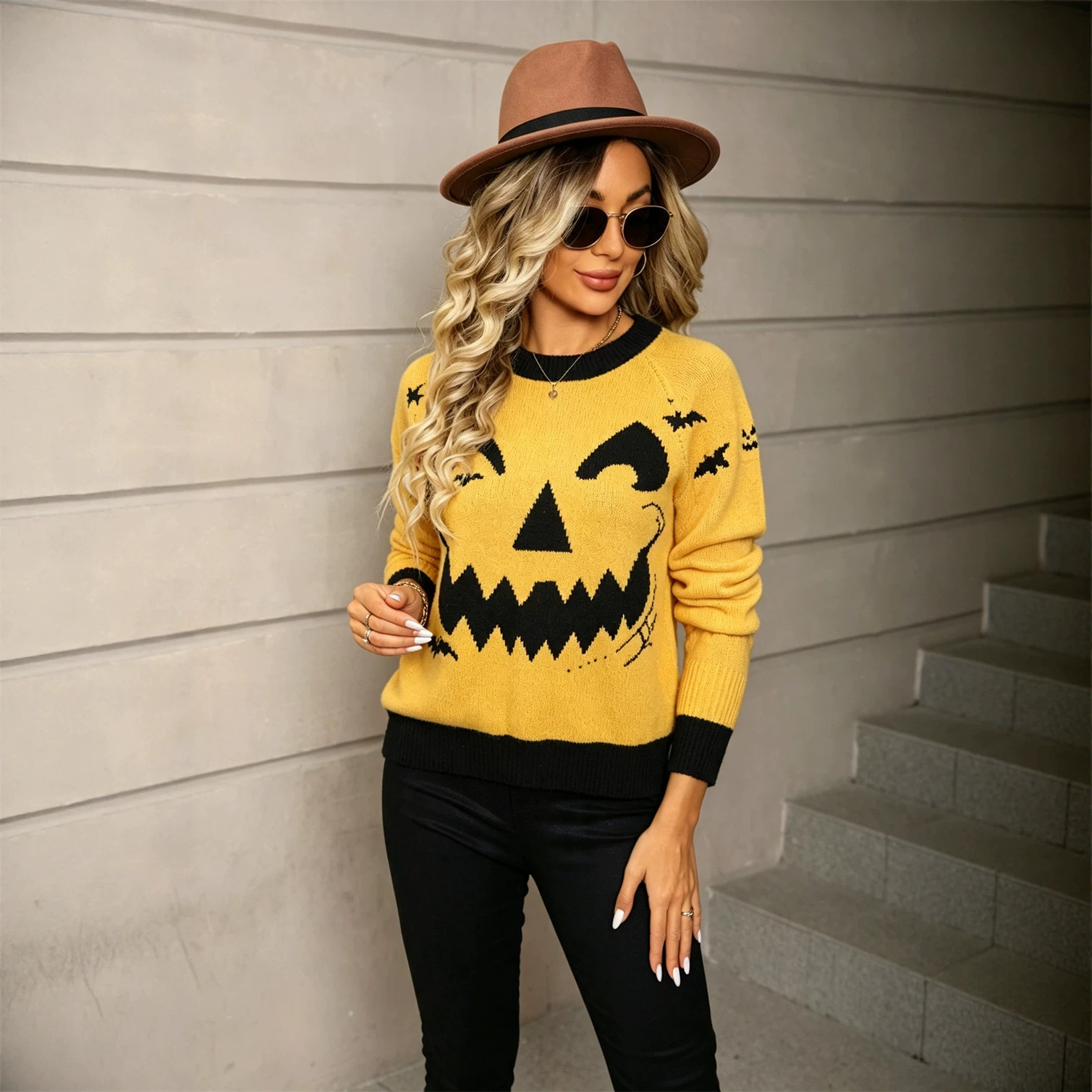 Bat Skull Colorblock Pullover Sweater