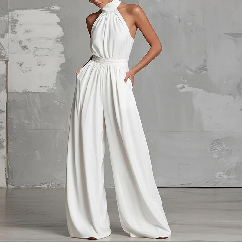 Women's Solid Color Waist-Defining Open-Back Halter Wide-Leg Jumpsuit