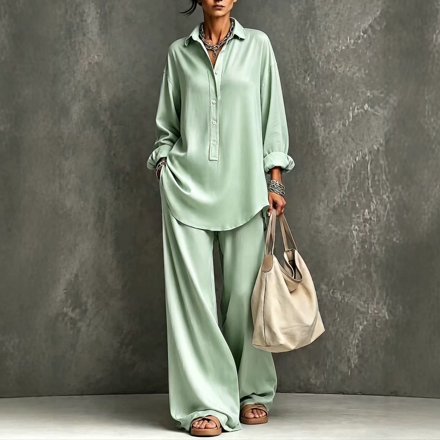 Women's Solid Color Collared Button Long Sleeve Shirt & Wide Leg Pants Set