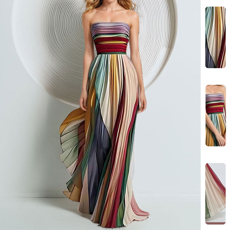 Women's Pleated Floral Print High-Waist Maxi Dress Sleeveless