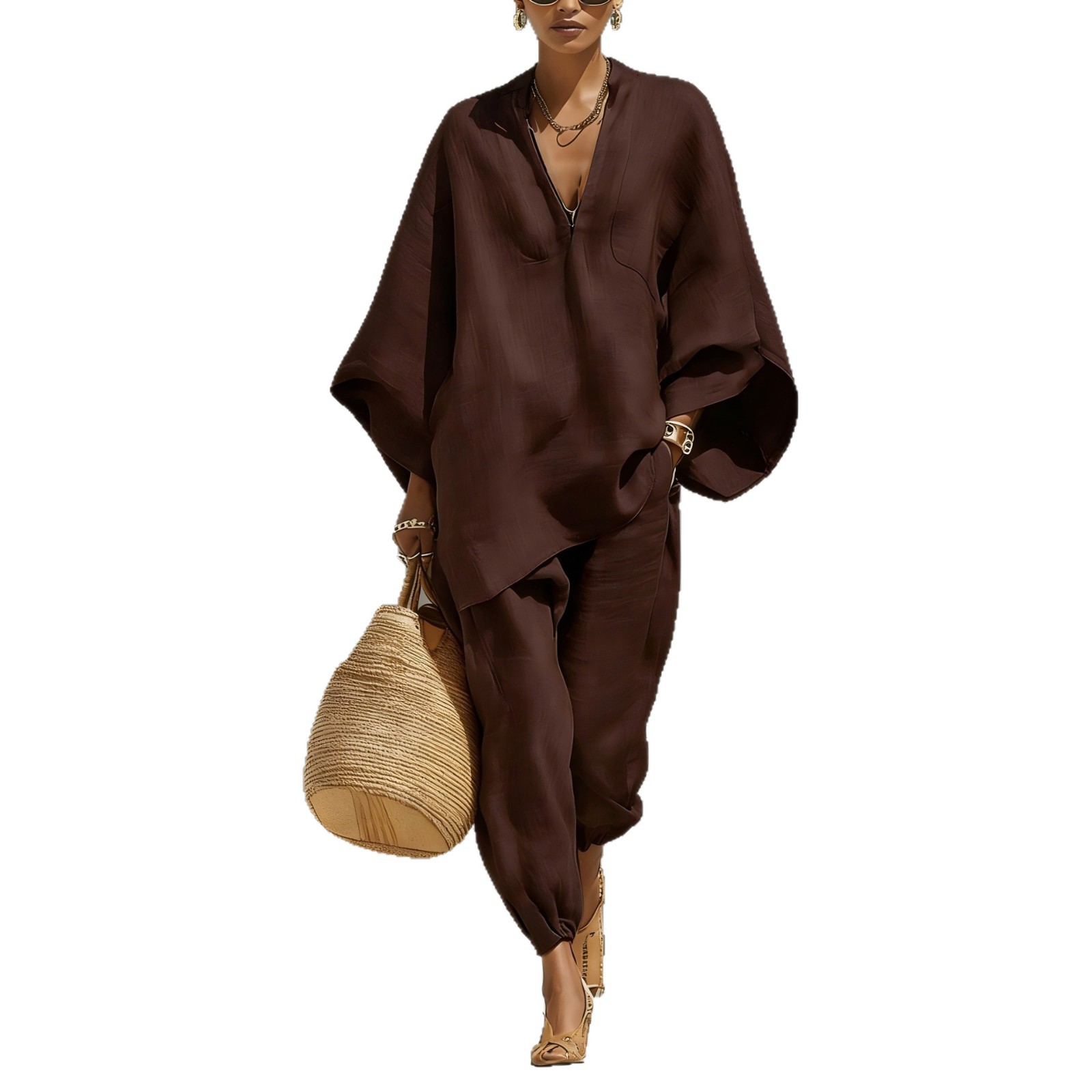 Women's Batwing Sleeve V-Neck Loose Casual Two-Piece Set