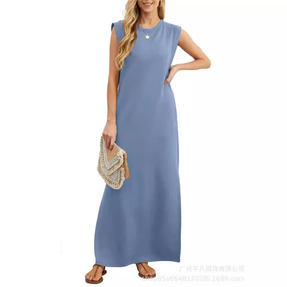 Women's Summer Casual Loose Long A-Line Dress Sleeveless Round Neck