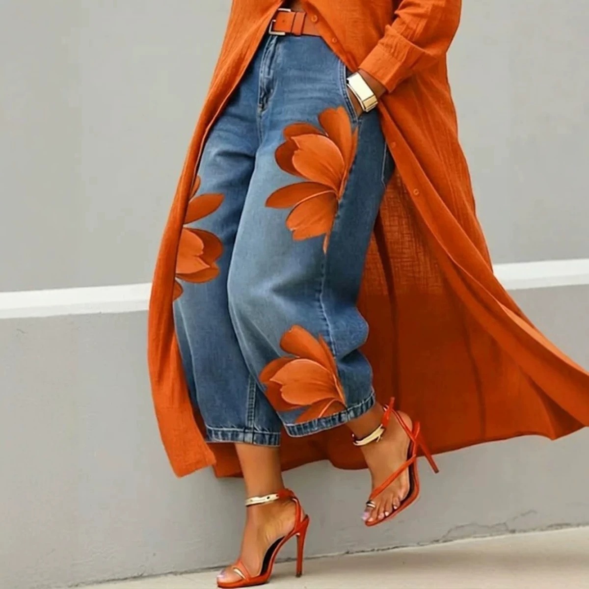 Faux Denim Print Wide-Leg Pants for Women, Loose Fit, Comfortable, Versatile